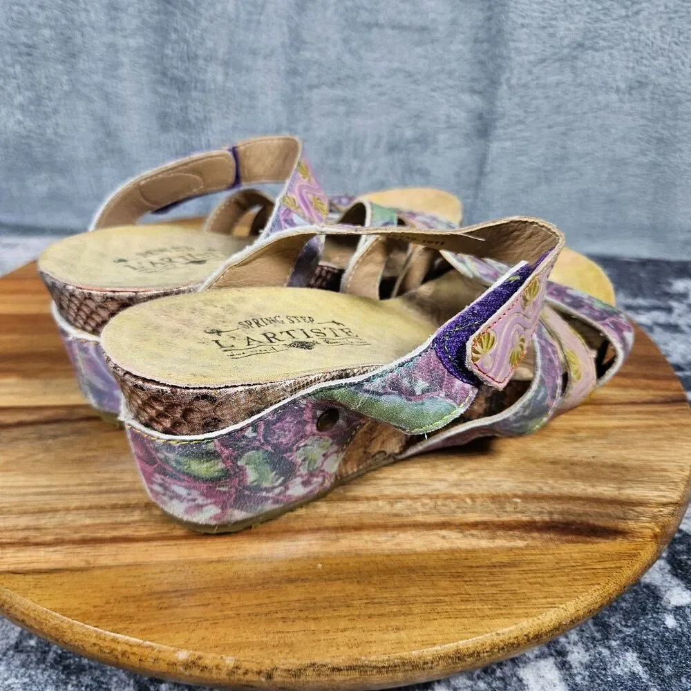 L'artiste Spring Step Yorini Multicolor Leather Wedge Sandals Womens 38 US 7.5 8